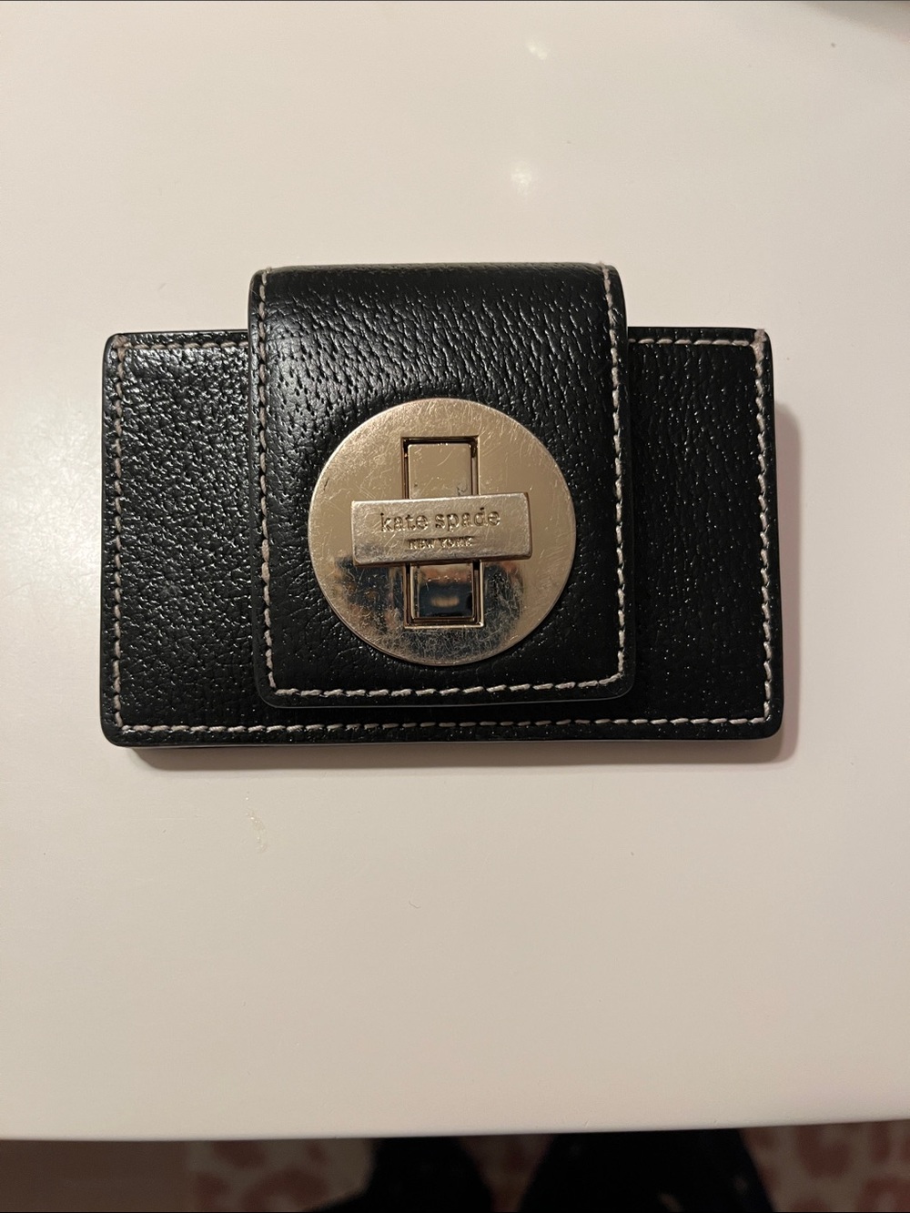 kate spade Black Leather Card Holder with Gold-Tone Disc Closure